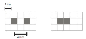Figure 2.3 On ne peut distinguer deux pixels noirs que s'ils sont espacés d'un pixel blanc (A) ; sur la figure de droite, on ne distingue qu'une seule structure (B). La résolution spatiale la plus fine permise est donc 1/(2 pixels). Dessin : Emmanuel Durand.