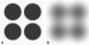 Figure 2.4 La taille des pixels est la même dans les deux figures (A, B) ; pourtant, la figure de gauche a une bien meilleure résolution (A). Dessin : Emmanuel Durand.