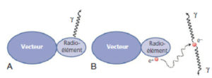 Figure 5.1 Les MRP utilisés en médecine nucléaire sont constitués d'un radionucléide lié à un vecteur : la scintigraphie conventionnelle utilise des émetteurs γ (A), la TEP utilise des émetteurs de positons qui s'annihilent avec un électron pour émettre une paire de photons γ (B). Dessin : Cyrille Martinet.
