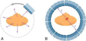 Figure 5.5 Tomographie d'émission monophotonique (A) et TEP (B). Dessin : V. Lebon.