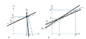 Figure 9.5 A, B. Les droites grises en pointillées représentent des projections légèrement différentes des projections exactes, en traits pleins noirs. On constate que si deux projections sont proches, une erreur importante sur l'estimation de l'image en coupe (a, b) peut subvenir si ces projections sont faiblement bruitées. Dessin : Denis Mariano-Goulart.